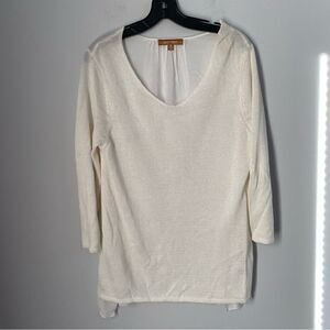 Ellen Tracy Women’s V Neck Knit Front Solid Back White Sweater Blouse M